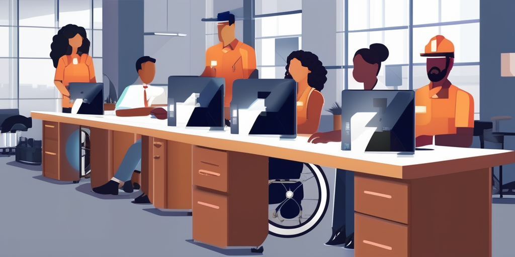 Imagen que representa a personas con discapacidad trabajando en sus escritorios.