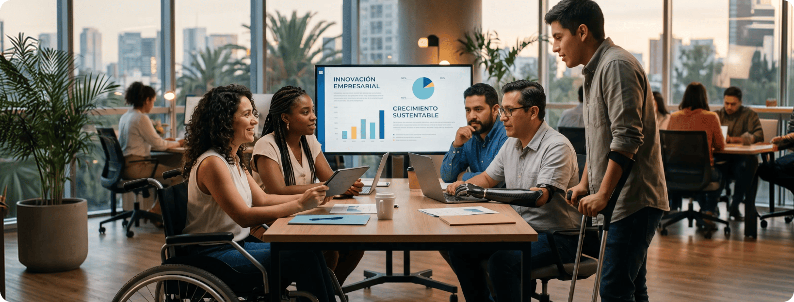 Un grupo diverso de profesionales latinos y latinas, incluyendo personas con discapacidad, colaborando en una reunión de oficina moderna.