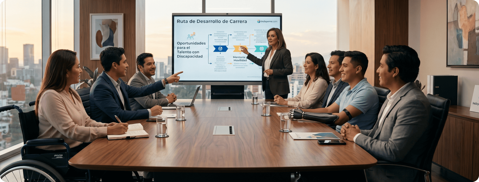 Un grupo de profesionales latinos y latinas en una sesión de mentoría y desarrollo de planes de carrera inclusivos en una oficina moderna